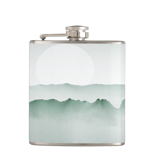 Handmatig gekleurd Waterverf berglandschap Heupfles (Voorkant)