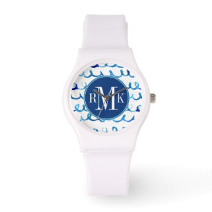 Handmatig geschilderd blauw Waterverf avy patroon Horloge