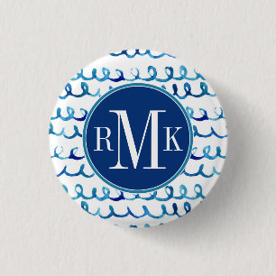 Handmatig geschilderd blauw Waterverf avy patroon Ronde Button 3,2 Cm