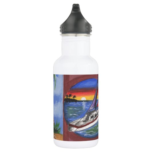 Handschilderijen strand, zand, krabben, zeilboot waterfles (Rechts)