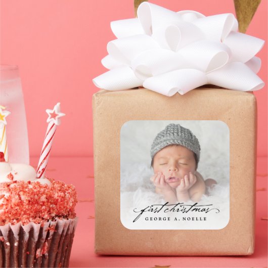  handschrift, baby's eerste kerstfoto vierkante sticker (Feest)