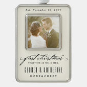  handschrift Eerste kerstfoto bruiloft Verzilverd Kader Ornament (Voorkant)