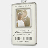  handschrift Eerste kerstfoto bruiloft Verzilverd Kader Ornament (Links)