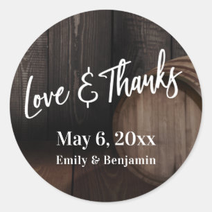 Handschrift Love and Bedankt Brown Wooden Barrel Ronde Sticker