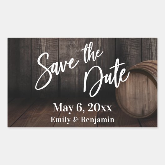 Handschrift Save the Date Brown Wooden Barrel Rechthoekige Sticker (Voorkant)