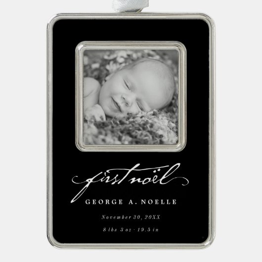 handschrift script baby's eerste nieuwe foto verzilverd kader ornament (Voorkant)