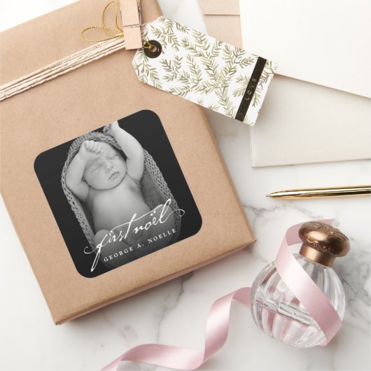  handschrift script baby's eerste nieuwe foto vierkante sticker (Geschenken)