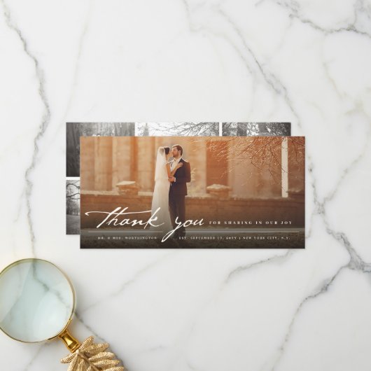  handschrift script, klassieke 6-fotobruiloft bedankkaart (Voorkant / Achterkant in situ)