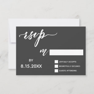 Handschrift Script RSVP in vet wit op donker grijs Kaartje