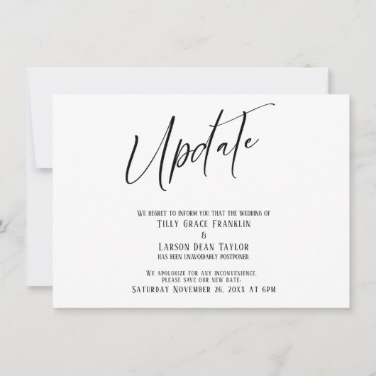 Handschrift uitgesteld bruiloft update eenvoudige  kaart (Voorkant)