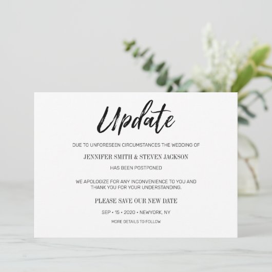 Handschrift "Update" Uitgestelde bruiloft Kaart (Staand voorkant)