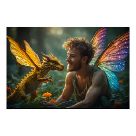 Handsome Male Fairy Golden Dragon Perfect Poster