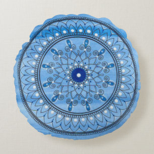 Handtekening blauw en witte Mandala ventilator Rond Kussen
