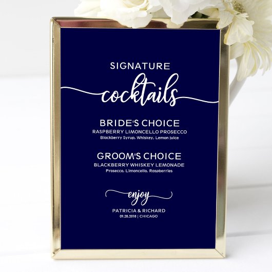 Handtekening Cocktails Navy Blue Wedding Sign Poster