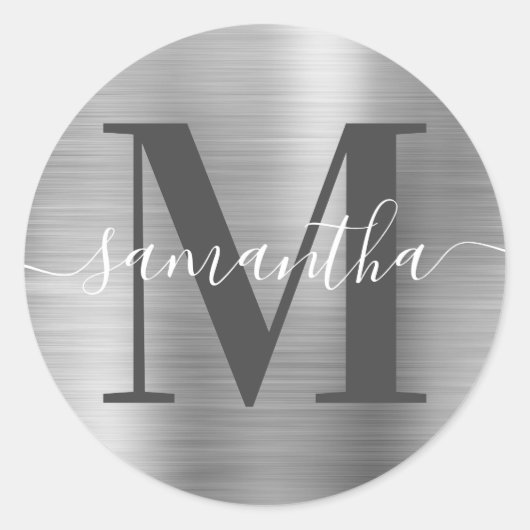 Handtekening Dark Gray Monogram Silver Foil Ronde Sticker (Voorkant)