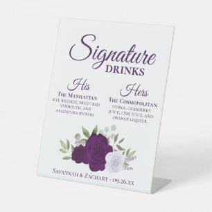 Handtekening Drink Paarse Waterverf Rozen Bruiloft Reclamebord Met Voetstuk