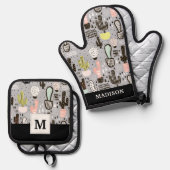 Handtekening gestructureerd cactus-patroon ovenwant & pannenlap set (Voorkant / Achterkant)