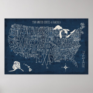 Handtekening Lettertered Blue USA Map Poster