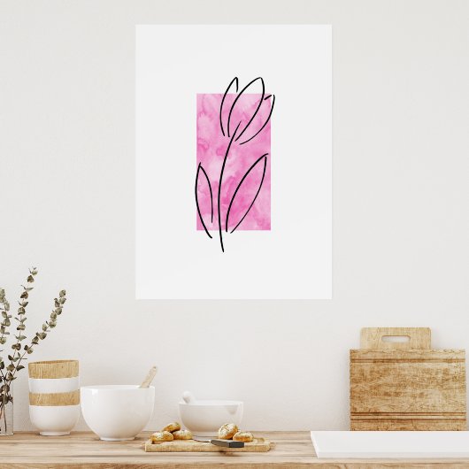 Handtekening Lineaire Tulp, roze Waterverf Abstrac Poster (Keuken)