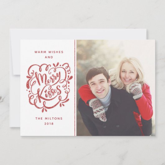 Handtekening Merry Kisses Red Glitter Holiday Foto Feestdagenkaart (Voorkant)