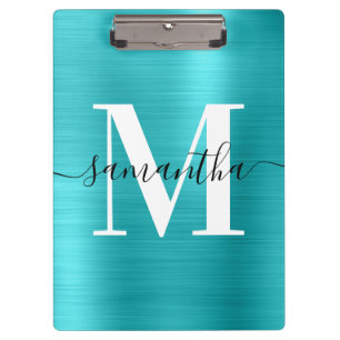 Handtekening Monogram Turquoise Blauwe Glans Folie Klembord