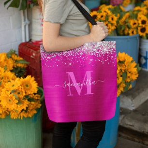 Handtekening Monogram Zilver Glitter Heet Roze Fol Draagtas