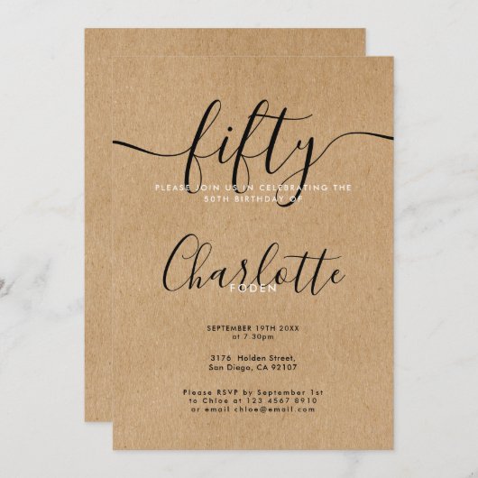 Handtekening Rustic Kraft 50th Birthday Kaart (Voorkant / Achterkant)