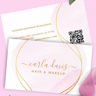 Handtekening Script Blush Roze Waterverf Goud QR Visitekaartje