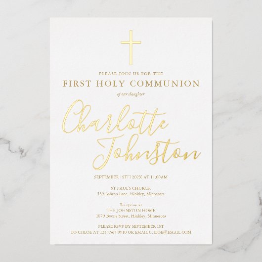 Handtekening Script Gold First Holy Communion Folie Uitnodiging (Voorkant)