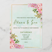 Handtekening Script, Roze & Blush Bloemen Bruiloft Folie Uitnodiging (Voorkant)