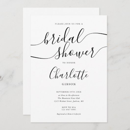 Handtekening Script Zwart-Wit Bruidsuitnodiging Kaart (Voorkant / Achterkant)