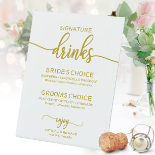 Handtekeningdranken Elegant Gouden Script Trouwtek Reclamebord Met Voetstuk