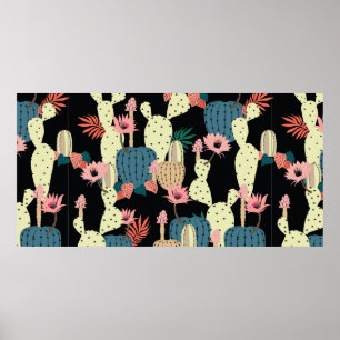 Handtekeningscactus Plant en bloemen naadloze poot Poster