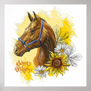 Handtekenpaard met planten en bloemen poster