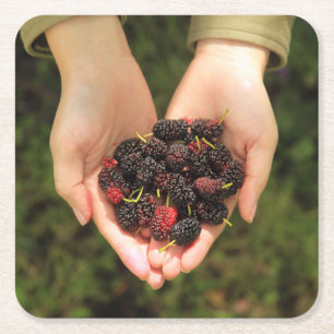 handvol met meerbessen, vers en zoet vierkante kartonnen onderzetter