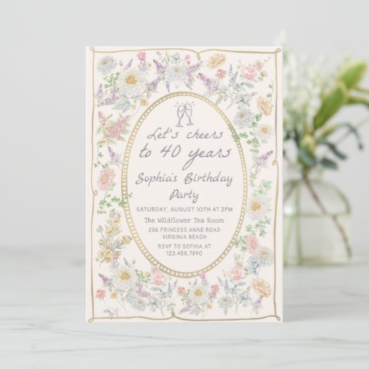Handwritten Floral Cheers 40th Birthday Invitation (Debout devant)