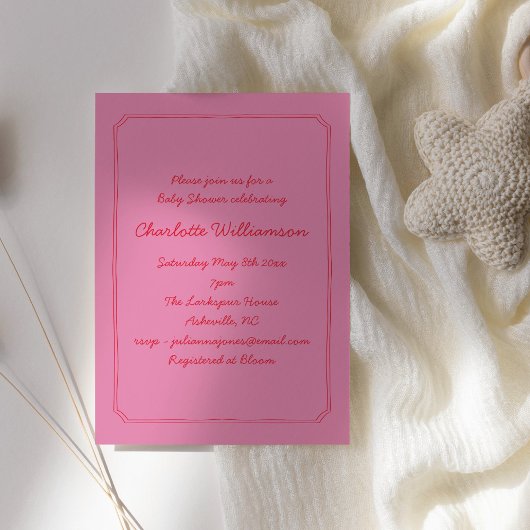 Handwritten Script Pink Red Border Baby Shower Kaart
