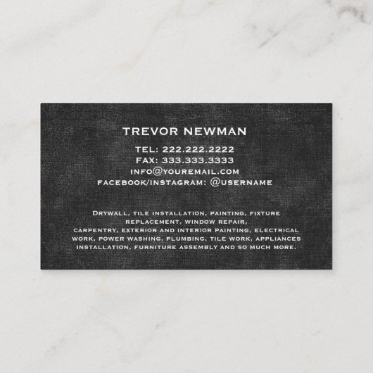 Handyman Carpenter Construction Grunge Zwart Visitekaartje (Achterkant)