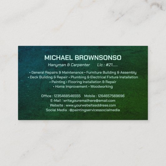 Handyman Carpenter Services Eenvoudig groen stof Visitekaartje (Achterkant)