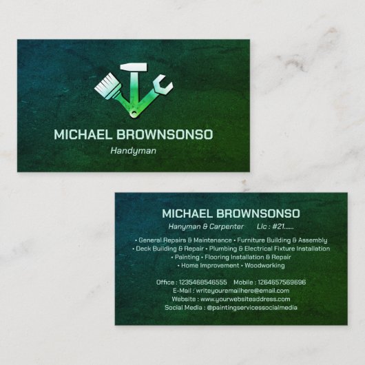 Handyman Carpenter Services Eenvoudig groen stof Visitekaartje (Voorkant / Achterkant)