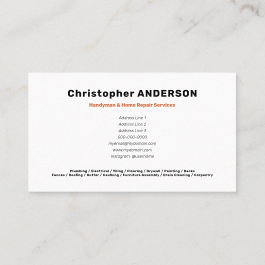 Handyman - Hardware Tools Monogram Sinaasappel Visitekaartje (Achterkant)