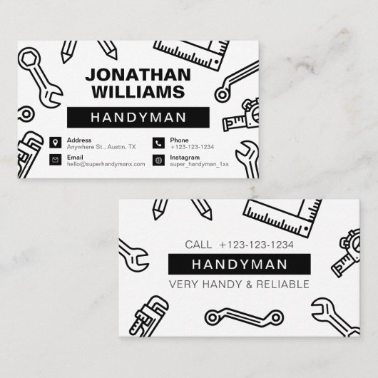 Handyman, minimaal en modern, zwart en wit visitekaartje (Voorkant / Achterkant)