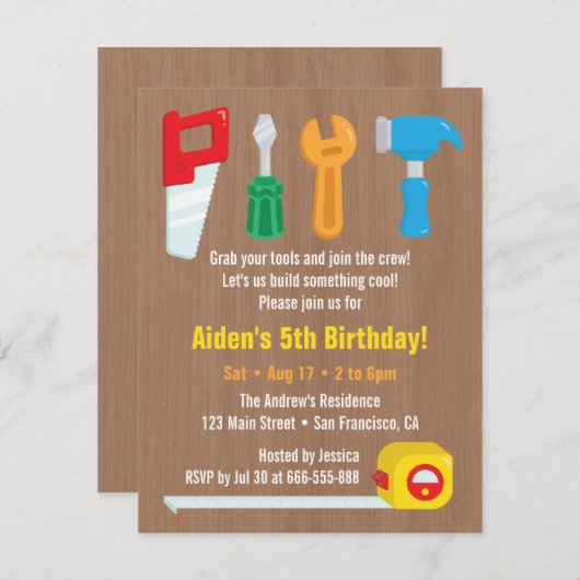 Handyman Tool Boys Invitations à la fête d'anniver (Devant / Derrière)