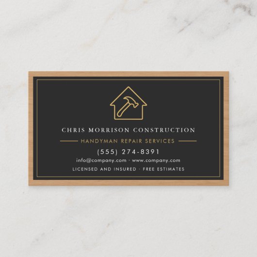 Handyman Wood QR Code Construction Black Gold Visitekaartje (Voorkant)