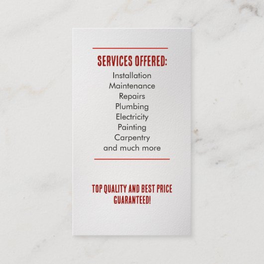 Handymandiensten Visitekaartje (Achterkant)