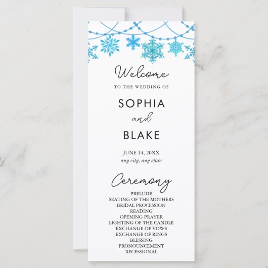 Hangen Blue Snowflakes White Wedding Programme (Voorkant)