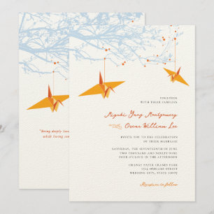 Hangen Oranje Origami Cranes & Love Quote Wedding Kaart