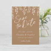 Hangende Bloemen Bladerdak Warm Beige Boho Aardse Save The Date (Staand voorkant)