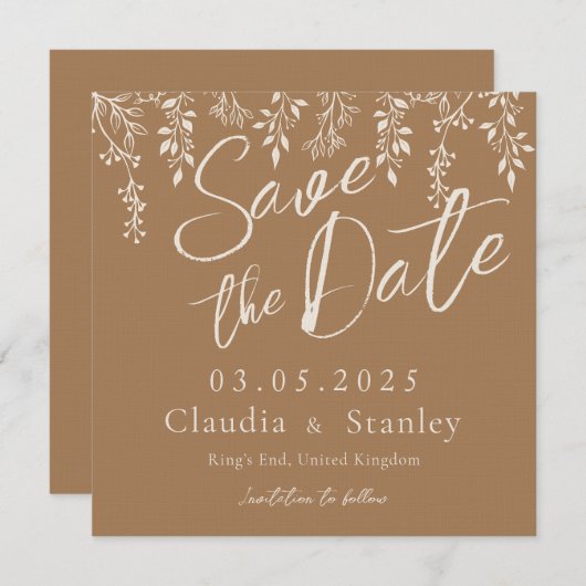 Hangende bloemen loof warm romantisch boho aards save the date (Voorkant / Achterkant)