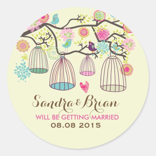 Hanging Bird Cages & Retro Flowers Wedding Sticker (Voorkant)